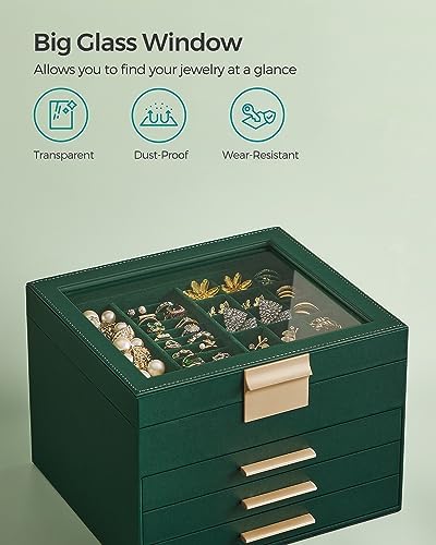 SONGMICS Jewelry Box Organizer, 4-Layer Storage with 3 Drawers, Glass Lid - Image 4