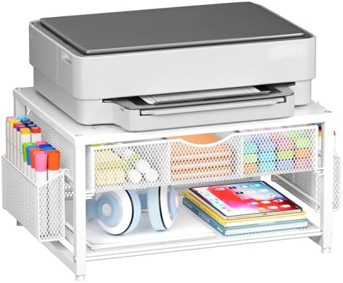 Marbrasse Metal Printer Stand for Desk with Storage Drawer and 2 Pen Holders, 2-Tier Desktop Organizer Printer Table for Home Office, Multi-Purpose Desk Organizer for Fax Machine Scanner Files(White) by Marbrasse