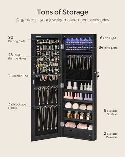 SONGMICS Mirror Jewelry Cabinet Armoire, Wall or Door Mounted, Lockable - Image 4