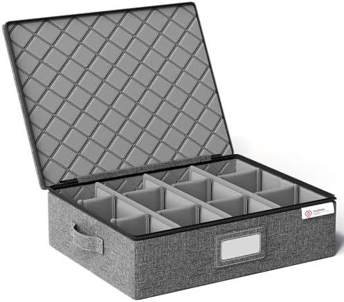 YearningHome Cup and Mug Storage Boxes with Dividers,Hard Shell Coffee Mug Organizer with Lid,Handles,Zips and Label Window for Coffee Mugs,Tea Cups,Packing and Moving,Hold 12,1 Pack, Grey by YEARNINGHOME