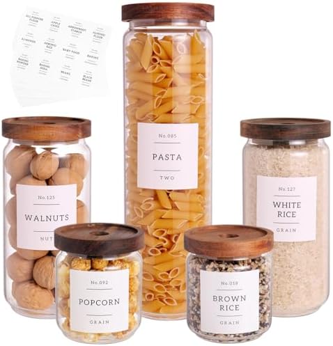 5 Set Glass Pantry Storage Jars with Acacia Airtight Lid - Thicken Glass Kitchen Canisters with 132 Pantry Labels - Clear Glass Food Storage Containers with Wood Lid for Tea,Sugar,Candy,Cookie,Pasta by CZZGSM
