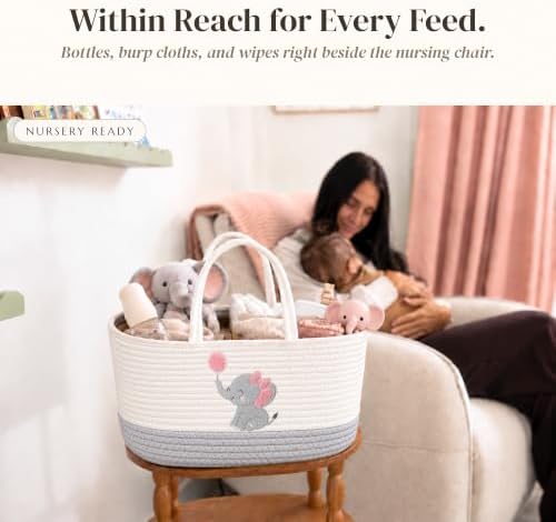 Baby Girl Diaper Caddy Organizer, Pink Elephant Cotton Rope Nursery Basket - Image 6
