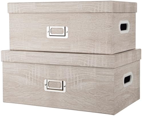 Briful Set of 2 Rustic Wood Grain Storage Boxes with Lids – Stackable Rectangular Organizer Bins, 14'' + 13'' Set Decorative Storage Containers for Bedroom, Living Room, Gifts by Briful
