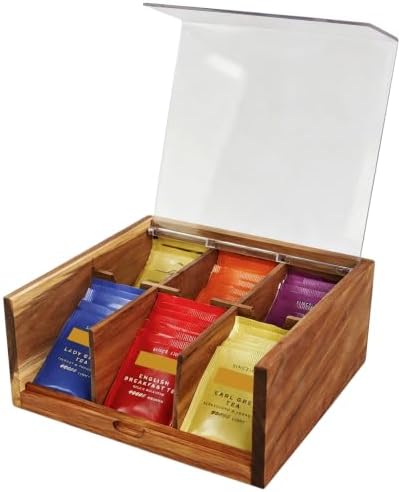HTB Acacia Wood Tea Bag Organizer Storage Box with 6 Compartments by HTB