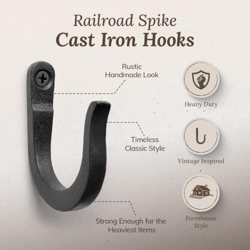 2 inch Railroad Spike Cast Iron Hooks (15 Pack) Blacksmith, Wall Mounted Farmhouse Decorative Hooks, PowderCoated for Interior or Exterior Use, Rust Proof for Hanging Coats, Bags or Pots (Black) - Image 7