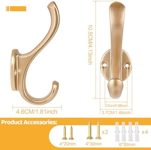 8 Pack Coat Hooks Wall Mount Heavy Duty Utility Retro Double Hooks for Hanging Coats,Hat, Towel, Key, Robe, Scarf, Bag, Cap (Gold) - Image 3