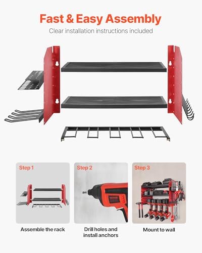 VEVOR Power Tool Organizer Wall Mount, 3-Layer Storage Rack with 4 Drill Holders, Tools Holder and Storage Rack with Side Pegboards, Garage Tool Organizer for Garage, Workbench, and Workshop - Image 6