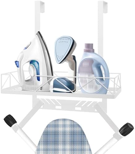 Ironing Board Hanger, Metal Over The Door or Wall Mounted Ironing Board Caddy, Ironing Board Storage Shelf with Adjustable Hooks for Laundry Room, Living Room, Bathroom (White) by Siyzda