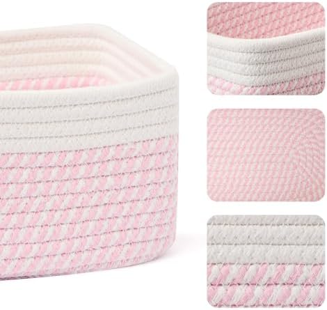 MiniArk Small Storage Baskets for Organizing | Closet Organizer Bins | Shelf Toy Basket | Woven Rope Baskets | Cube Decorative Box | Shallow Basket | 11.5x7.5x4.7” | 3 Packs White Pink - Image 2