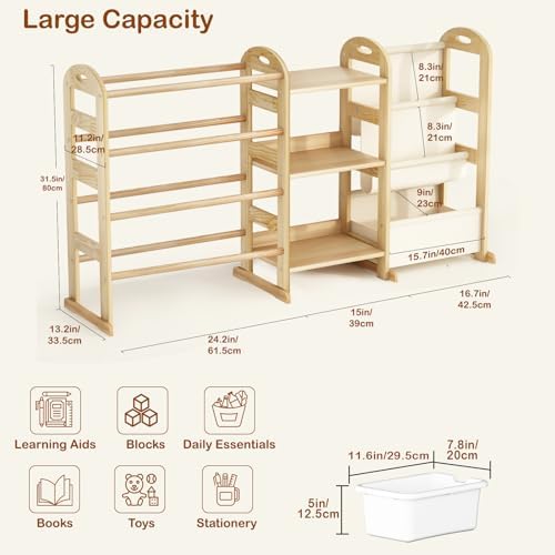 Toy Storage Organizer with 3 Shelves &12 White Bins, Kids Bin Bookshelf | 2-Tier Bookshelf/Bookcase with Storage Box, Toys Box for Bedroom, Playroom, Organization Room Decor - Image 3