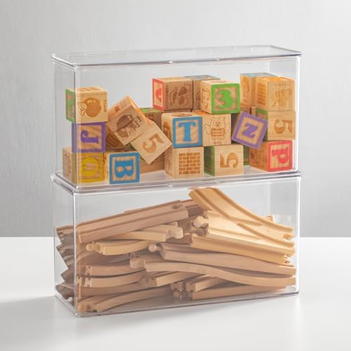 mDesign Plastic Stackable Playroom/Gaming Storage Organizer Bin Box with Hinged Lid for Drawer or Cabinet - Organize Electronics, Crayons, Games, Blocks, Toys, Lumiere Collection - 2 Pack - Clear - Image 3