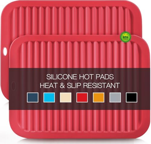 2 Pack Silicone Trivets - Heat Resistant Non-Slip Flexible Pot Holders for Hot Dishes & Pans - Red Silicone Trivet Mat Dish Drying Mat Spoon Rest, 9x12 in by QPIXDIGITAL