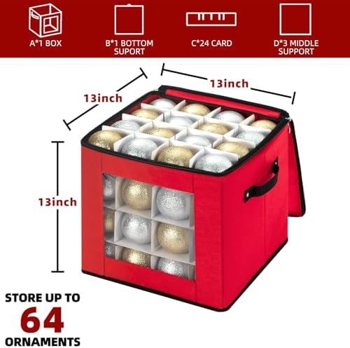 inin Christmas Ornament Storage Box with Adjustable Dividers,Christmas Ornaments Organizer with Zippered Top,Storage Container Bin for Holiday Decorations(64 Ball, Red, Without Tray) - Image 2