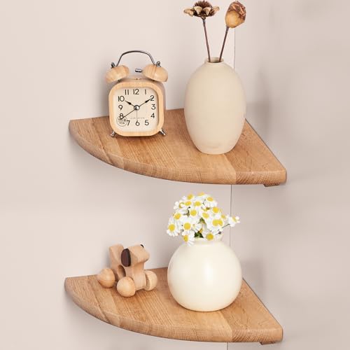 Gieanoo Floating Corner Shelves for Wall Set 2 7inch Solid Oak Rounded Corner Shelves Wall Mounted with Cable Hole Wood Corner Hanging Shelves for Living Room Bedroom Bathroom Kitchen by GIEANOO