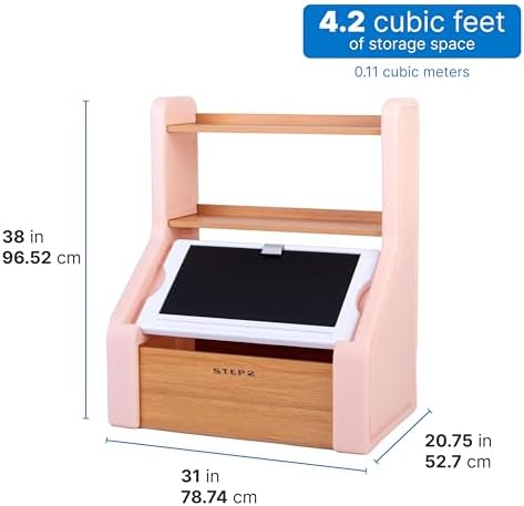 Step2 Harmony Toy Storage Box, Wood and Plastic, Shelves for Books, Toy Storage Bin with Chalkboard Lid and Clip, Easel and Toy Organizer in One, Rose Pink - Image 3