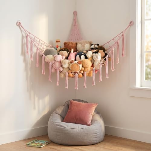 Stuffed Animal Storage Hammock Corner Net, Large Macrame Stuffed Animal Organizer Holder, Cotton Hanging Toy Hammock for Plush Toys, Boho Nursery Girls Bedroom Dorm Room Decor, Pink - Image 5