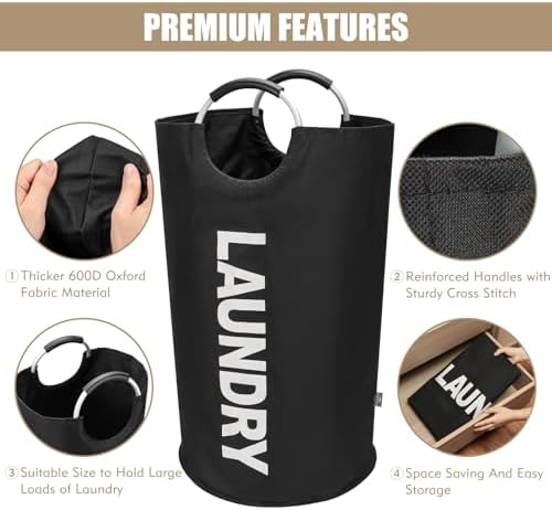 DOKEHOM 90L Large Laundry Basket Bag, Collapsible Tall Hamper, Black - Image 6