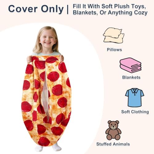 Lukeight Pizza Stuffed Animal Storage Bean Bag Chair Cover for Kids, Velvet Plush Toy Organizer Seat, Cover Only, No Filling Included, Long YKK Zipper, Side Pocket, Large 27"D x 16"H - Image 2