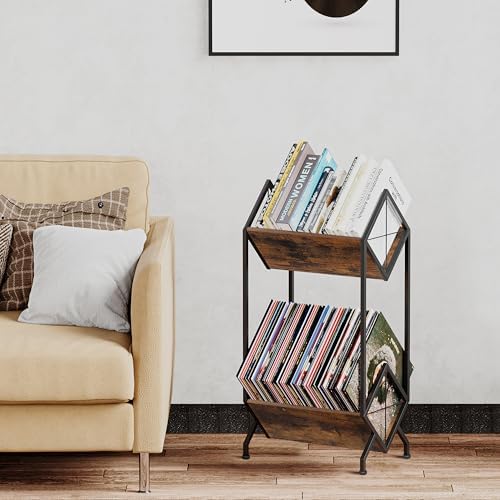 YINMIT Vinyl Record Holder, 160-200 LP Vinyl Record Storage Rack, Quick Assembly, Retro Style Organizer for Magazine, Book, Files, Albums (Retro Brown, 2 Tier) - Image 6