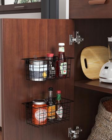 MaraFansie Hanging Kitchen Baskets Wire Storage Basket Adhesive and Screws Basket Over the Cabinet Door Organizer with Adhesive Strips and Screws Accessories, 2 Pack, Black - Image 2