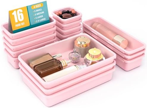 16 PCS Drawer Organizer Set, 4 Size Makeup Drawer Divider Organizer With Non-Slip Pads, Interlocking Plastic Storage Bins for Office,Jewelry Vanity,Gadgets, Bathroom,Kitchen, Pink by StoreHappily