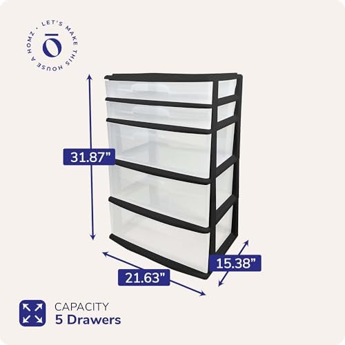 HOMZ Drawer Tower, 5-Tier Storage Organizer Unit, Black Frame - Image 2