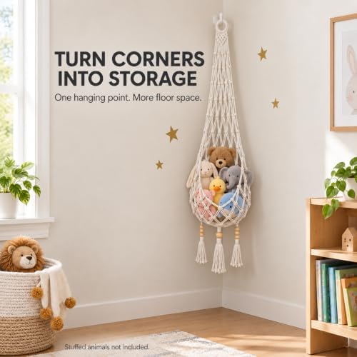 Stuffed Animal Hammock, 5 FT Boho Macrame Toy Storage Net with Wall & Adhesive Hooks, Cotton Plush Toy Organizer for Nursery, Kids Room, Playroom, Cream - Image 6