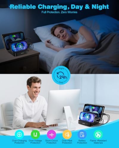 MSTJRY Charging Station for Multiple Devices : 5 Port Multi USB-A Charger Stations Multi-Device Organizer Charging Dock Designed for iPhone iPad Cell Phone Tablets (7 Short Cables Included), Black - Image 4