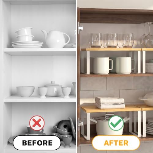 Kitchen Cabinet Organizer Shelf, Set of 4 Wood Kitchen Counter Shelves Riser with Metal Legs, Stackable Expandable Kitchen Storage Spice Rack, Can Cup Dish Organizer, Bamboo - Image 5