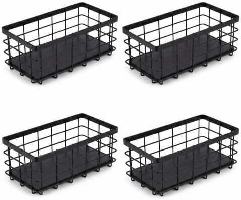 Small Metal Wire Storage Basket with Wood Base (Black+Black, 4 Pack) by TIEYIPIN