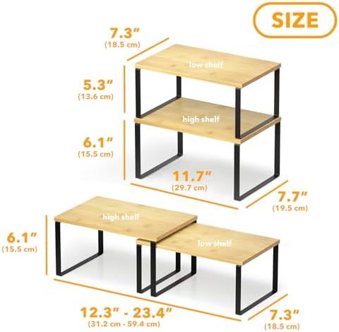 SpaceAid Cabinet Shelf Organizers 2 Pack, Kitchen Counter Rack Shelves Riser, Stackable Expandable Spice Rack, Pantry Cupboard Storage Organization (Black and Natural, Short) - Image 2