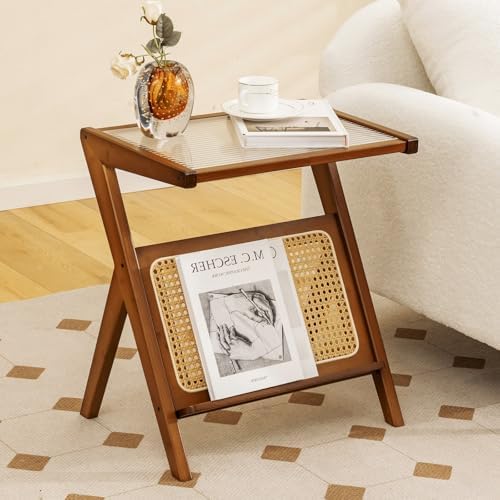 Giantex Rattan Side Table, Boho Nightstand with Glass Top & Magazine Rack, End Table with Storage, Bamboo Bedside Table for Small Space Living Room Bedroom (2, Walnut) - Image 2
