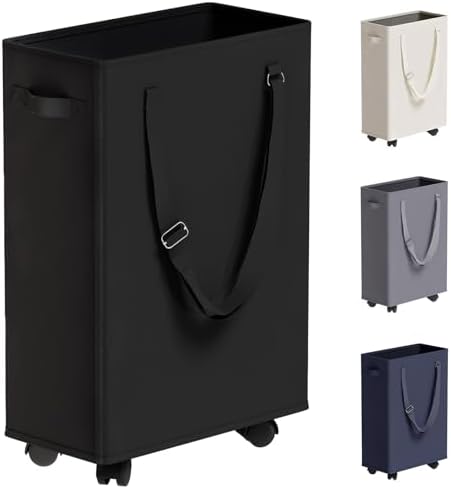 45L Slim Rolling Laundry Basket with Wheel & Adjustable Long Handles, Black by TECHMILLY