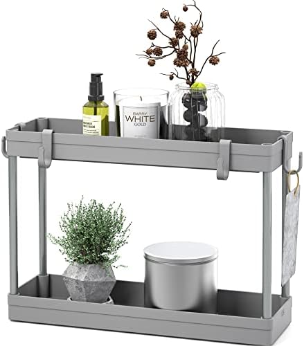 Simple Houseware 2-Tier Under Sink Organizer Storage Tray with Hooks, Grey - Image 6