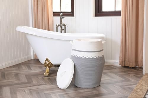 26"x20" Cottonphant Extra Large Tall Woven Laundry Basket with Lid, Cotton Rope Blanket Storage Basket, Freestanding Decorative Bin for Bedroom Living Room, White & Grey - Image 3