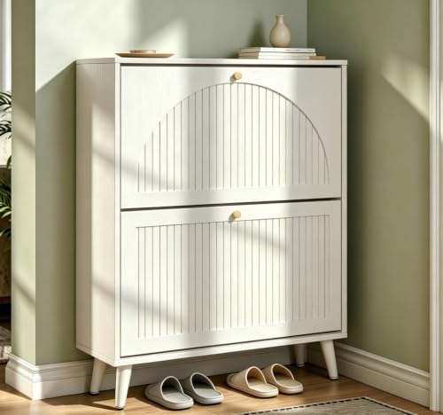 Fsbecl Shoe Storage Cabinet for Entryway with 2 Fluted Flip Drawers, White by Fsbecl