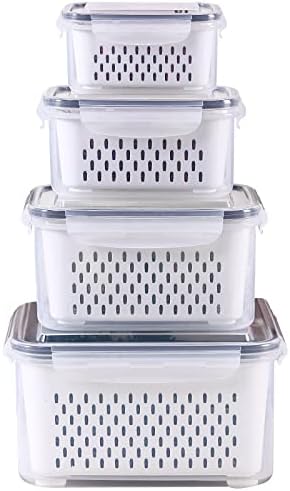 4 Pack Large Fridge Food Storage Container Set with Lids with Strainer, Fruit Vegetable Storage Containers Keep Fruits, Vegetables, Berry, Meat Fresh longer , BPA-Free Plastic Produce Keepers by Ronanemon