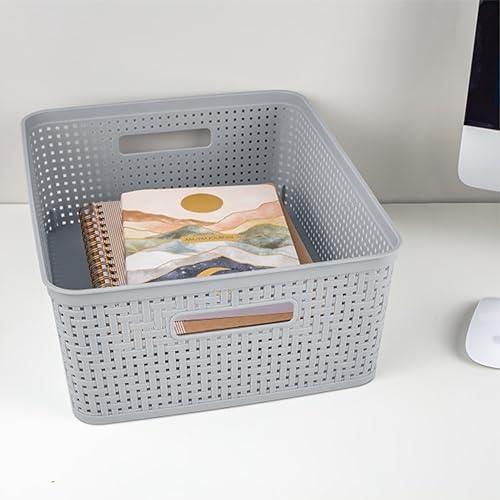 Sterilite 12 Pack Plastic Storage Bin Organization Containers, Short Baskets, Cement - Image 4