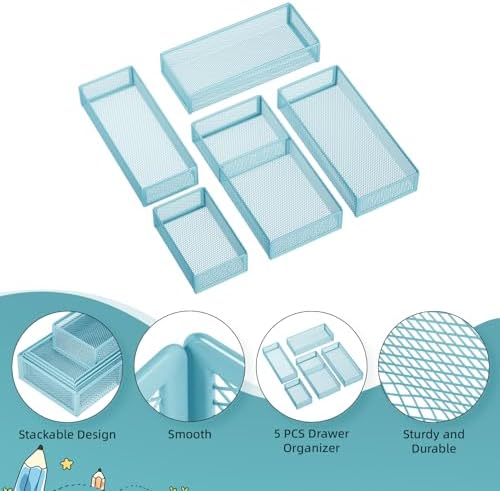 Marbrasse 5 Pack Desk Drawer Organizer Set, Mesh Drawer Storage Trays with 1 Adjustable Divider, Desk Organizers and Accessories, 5 PCS Drawer for Office Supplies, Makeup & Vanity (Blue) - Image 5