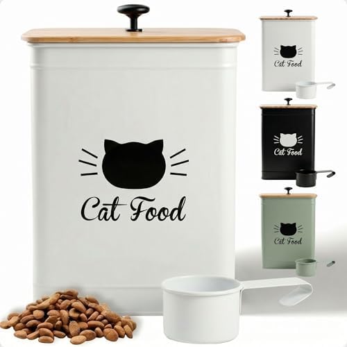 Metal Cat Food Container with Scoop 5-7 lb (25 Cup), w/ Airtight Bamboo Lid by HBDesignCo