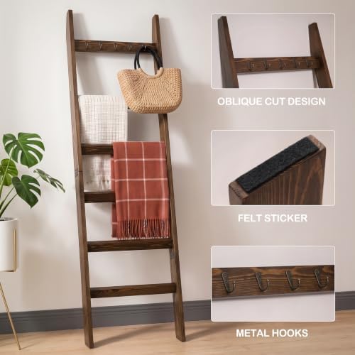 TEAKMAMA 6-Tier 5.4ft Blanket Ladder with Hooks Farmhouse Rustic Brown - Image 2