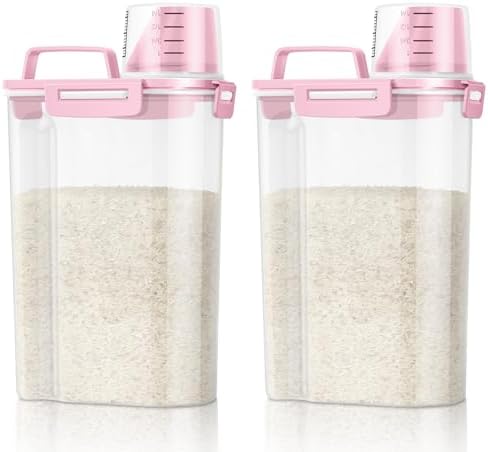 TBMax Rice Container 2 Pack 5 Lbs Cereal Container Storage, Kitchen Pantry Food Storage Holder with Cup, Small Pet Dog Cat Food Container -Pink by TBMax