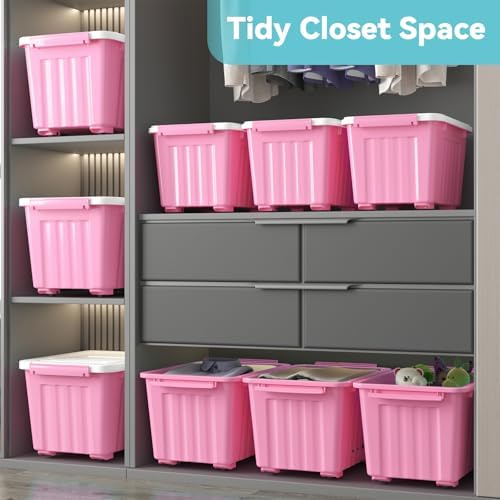 Nazhura Plastic Storage Bin, Stackable and Nestable Storage Boxes with White Lids and Secure Latching Buckles, Large Storage Container (Pink/White, 72Quart-4Pack) - Image 6