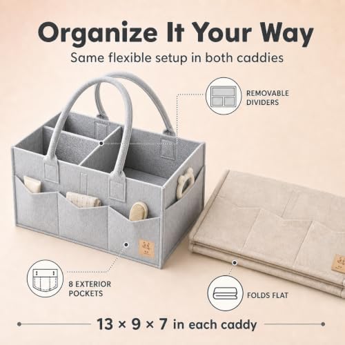 HIPHOP PANDA 2-Pack Diaper Caddy Organizer - Newborn Essentials Baby Registry Must Haves - Sturdy Nursery Storage Bin & Portable Car Caddy for Diapers & Wipes - Grey/Oatmeal Gift Set - Image 3