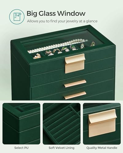 SONGMICS Jewelry Box Organizer, 6-Layer Storage with 5 Drawers, Glass Lid - Image 4