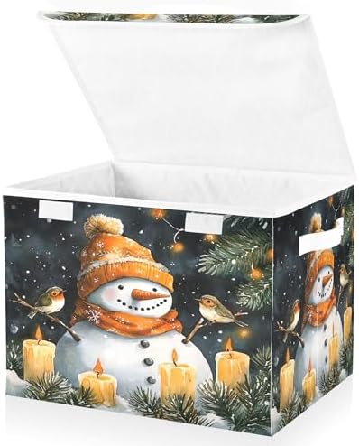 Watercolor Snowman Storage Bins with Lids and Carrying Handle,Foldable Storage Boxes Organizer Containers Baskets Cube with Cover for Home Bedroom Closet Office Nursery - Image 2