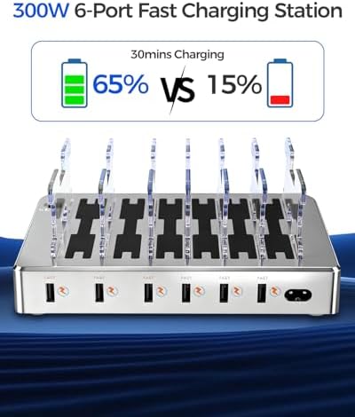 300W Charging Station for Multiple Devices, Fast Charging 6 Port Charging Station - Compatible with iPhone iPad Android Tablets, Home Office Travel Organizer - Image 3