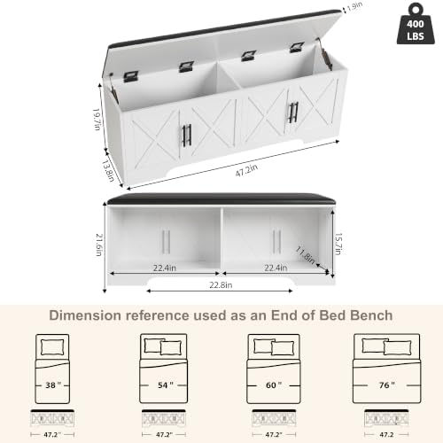 DreamDashio Storage Bench with Cushion, 47.2" End of Bed Storage Bench with Lift Top, Window Bench Seat with Storage for Bedroom, Mudroom, Entryway, Living Room & Hallway, White - Image 3