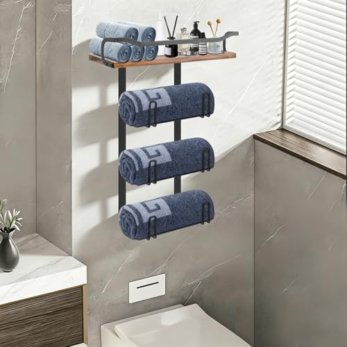 NearMoon Towel Rack with Wooden Shelf, All Metal Rustproof Towel Organizer Holder for Bathroom Storage, Wall Mounted (1 Pack, Matte Black) - Image 2