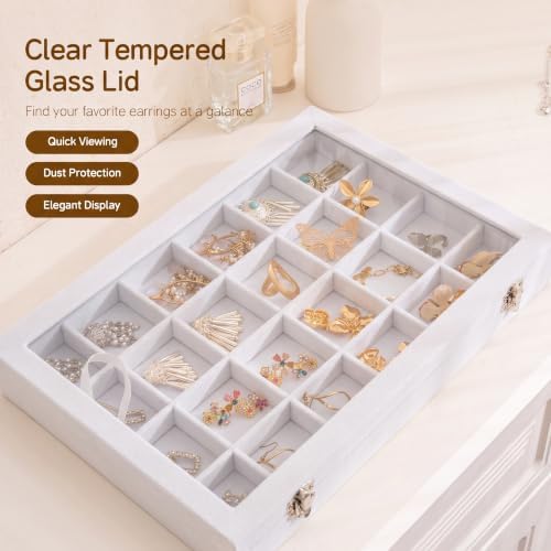 Frebeauty 24 Grid Earring Organizer,Velvet Jewelry Tray with Clear Lid - Image 6